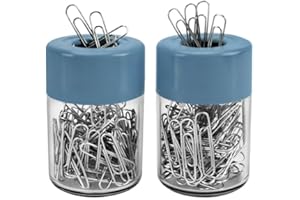 Acrimet Magnetic Paper Clip Holder Dispenser, Round Design, 100 Regular Paper Clip Capacity (Clear Crystal Base/ Blue Magnetic Lid) (2 pack)