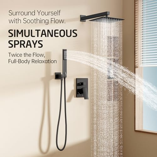 KES X6230-BK 3 Way Shower Set Square Shower Head 25 cm with Raw Valve and Finishes Shower Kit Rain Bathroom Matt Black