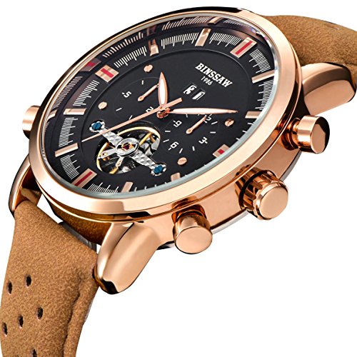 BINSSAW Men Automatic Mechanical Tourbillon Watch Brand Leather Gold Fashion Casual Stainless Steel Sports Wrist Watches for Male