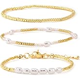 SHINUS BOHO Dainty 14K Gold Pearl Beaded Bracelet Stack for Women,3PCS Handmade Bohemian Pearl White Small Beads Stretch Stackable Bracelets Set Fashion Trendy Prom Holiday Accessories Outfits Jewelry Gift