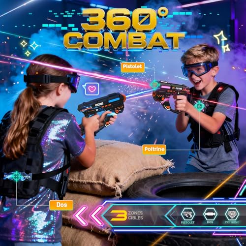 VATOS Rechargeable Laser Tag Set with 360° Sensors for 4 Players, Infrared 2.4GHz Real Time Data Display, Family Group Game for Kids and Teens, Gift for