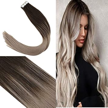 Youngsee 16inch Ombre Balayage Tape In Human Hair Extensions Remy Straight Hair Darkest Brown