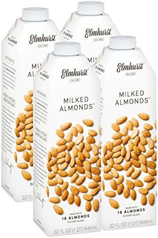 Elmhurst 4pk Milked Almonds 32 oz. Creamy & Delicious Almond Milk. More Nuts! More Nutrition! Gluten Free, Lactose Free, Vegan Beverage.