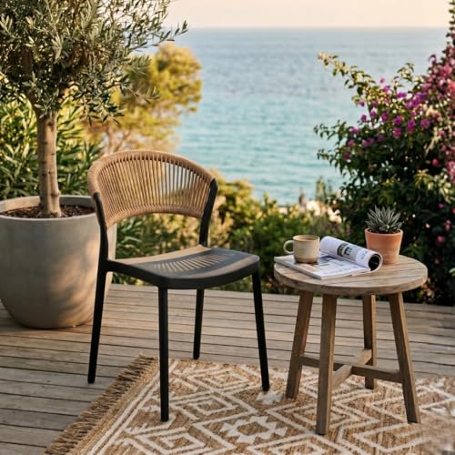 MARCOLO Chair Without Arms, Outdoor Plastic Dining Chair, Weather & UV Resistant Patio Chair for Balcony, Garden, Kitchen & Indoor Outdoor Use, Modern Rope-Style Design, 41x53.5x82cm (Black)