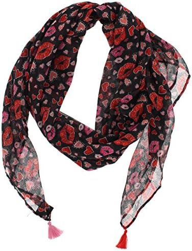 With Love Women's Valentine Gauze Tassel Scarf Hot Lips, Hearts, 40"x40" (Black Red Pink)