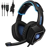[2017 Newest Lightweight Headphones]SADES Spirit Wolf 3.5mm Wired Computer Gaming Headset with Microphone,Deep Bass Over-the-Ear Noise Isolating, Volume Control, LED Lights For PC Gamers (Black Blue)