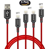 ICESMART Lightning Cable, 4Pack 1FT 3FT 3FT 6FT iPhone Charger Cable Nylon Braided USB Charger Data Sync Cord Compatible with iPhone X/8/8 Plus/7/7 Plus/6s/6s Plus/6/6 Plus/5/5S/5C/SE/iPad(Red)