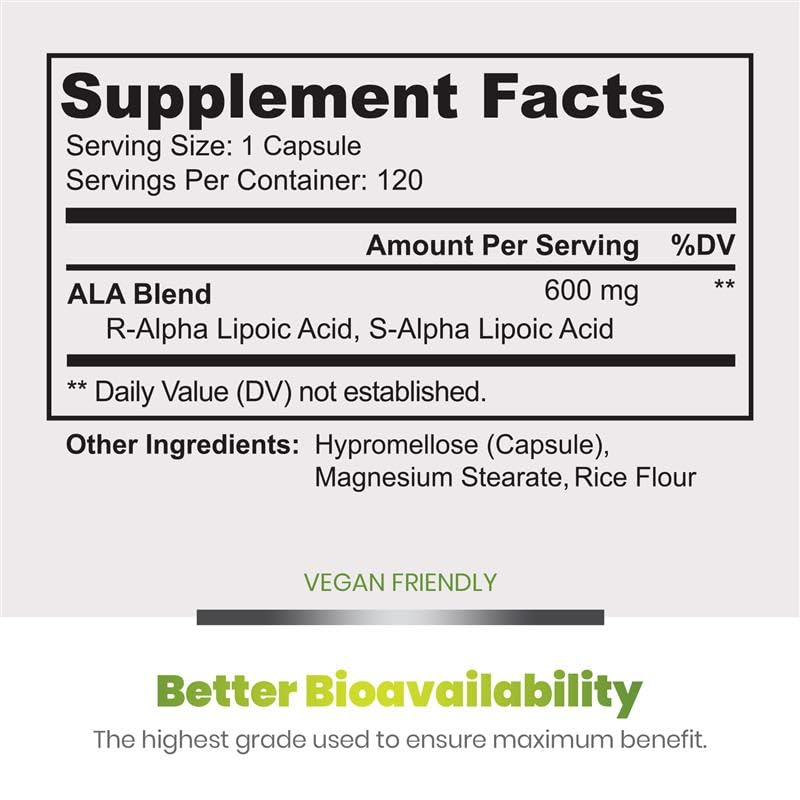 Simply Natures Pure Alpha Lipoic Acid 600mg 120 Veggie Capsules, Non-GMO Thioctic Acid 4 Month Supply
