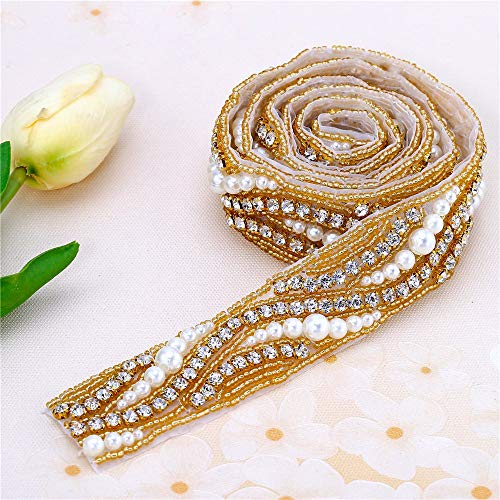Gold Beaded Bridal Rhinestone Applique Trim 1 Yard with Crystal Pearl for Wedding Dress Sash Prom Party Formal Belts (36x1.2in) - Thumbnail 6