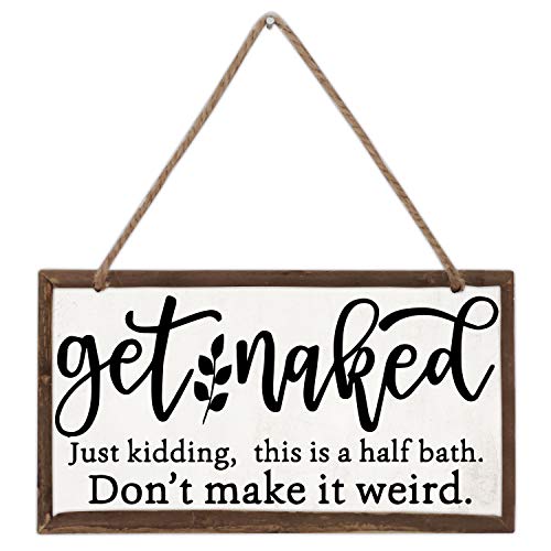 Get Naked Funny Bathroom Wood Farmhouse Frame Hanging Wall Art Sign Plaque Decor 12 x 6 Inch