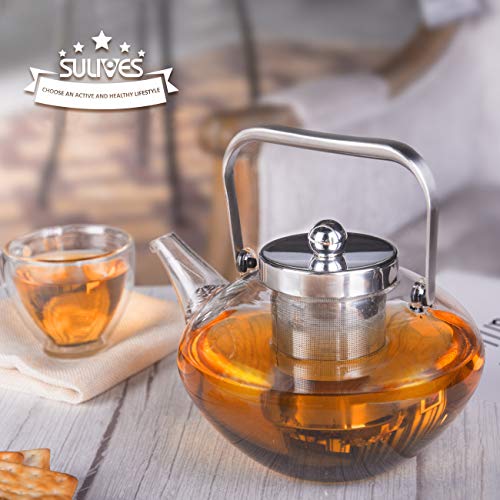 SULIVES Glass Teapot with Stainless Steel Infuser & Lid, Borosilicate Glass Flower Tea Kettle Stovetop Safe, Blooming & Loose Leaf Teapots, 34 oz / 1000 ml