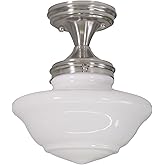 Design House Vintage-Inspired Schoolhouse Semi-Flush Mount Ceiling Light, 9 in x 9 in x 10 in, Satin Nickel, White Glass Shad