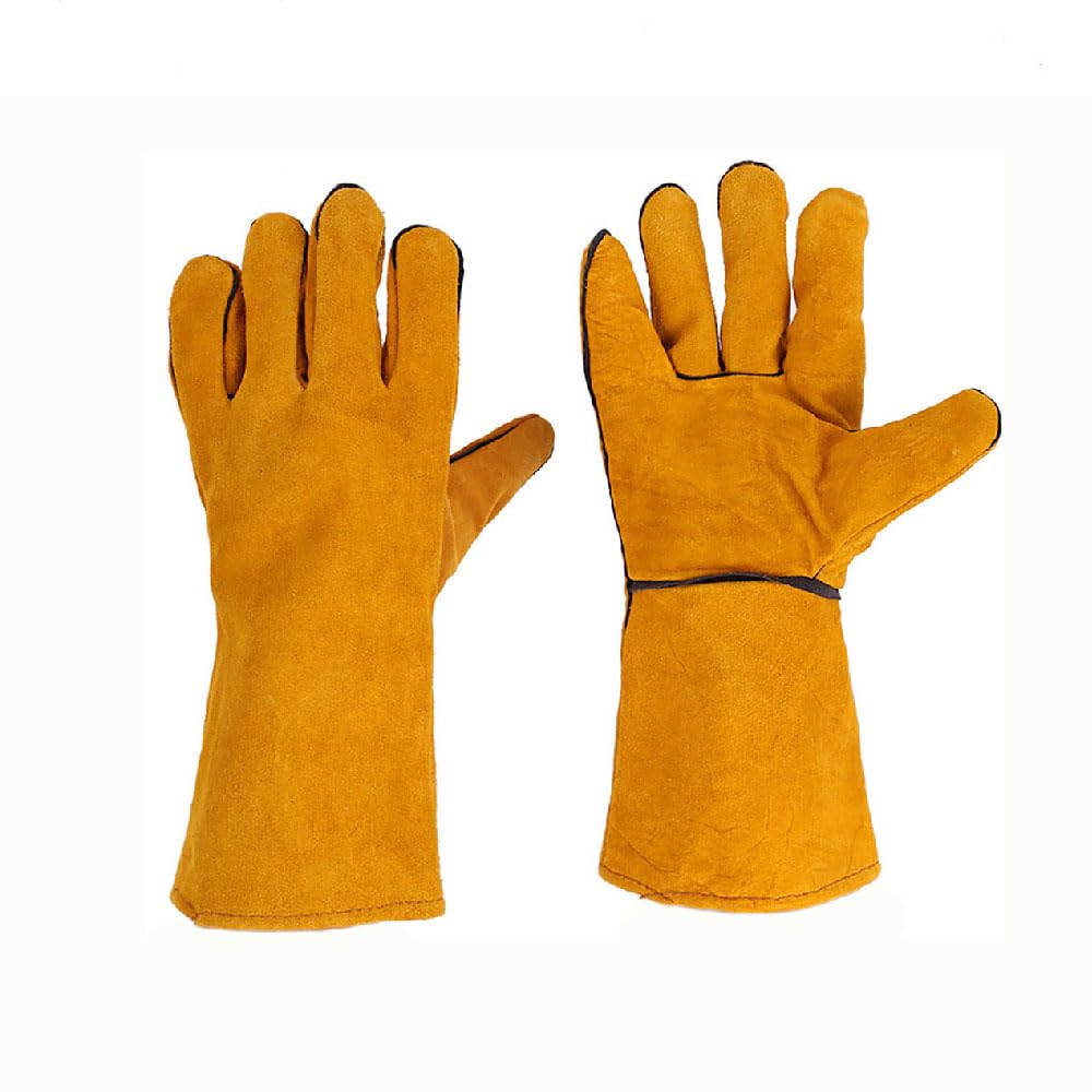 TopHomer Welding Gloves, Heat & Fire Resistant Protective Gloves with Stitching, Long Leather Gloves for Welders/Fireplace/BBQ/Gardening (Yellow)