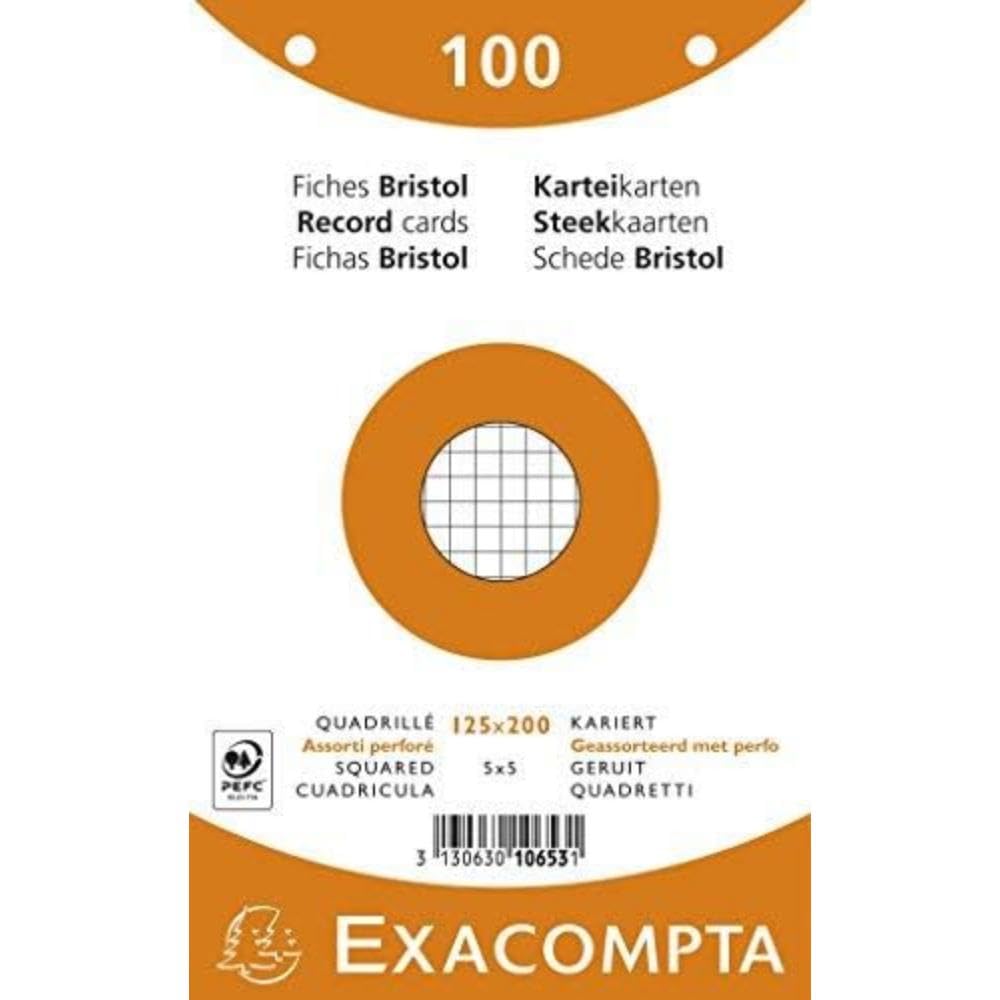 Exacompta - Ref 10653E - Bristol Squared Record Cards (Pack of 100) - 125 x 200mm in Size, 205gsm Card, Compatible with Printers - Suitable for Exam Revision & Notes - Assorted Colours
