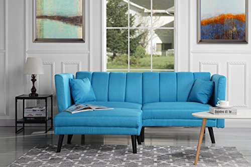 Mid-Century Modern Linen Fabric Futon Sofa Bed, Living Room Sleeper Couch (Sky Blue) - Thumbnail 7