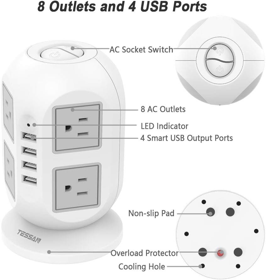 Power Strip Tower TESSAN Surge Protector 8 AC Outlets with 4 USB Ports Charging Station Long Extension Cord 10 Feet, Widely Spaced Multi Outlets, Circuit Breaker Safeguard for Home Office Dorm Room: Home Audio & Theater