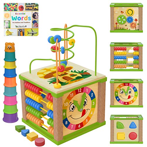 toyventive cubo de actividades para bebés de madera para niños - set de regalo para niñas | juguetes de regalos de primer cumpleaños para 1 niña de 2 años | juguetes educativos de aprendizaje para niños pequeños del desarrollo de 12 a 18 meses | laberinto