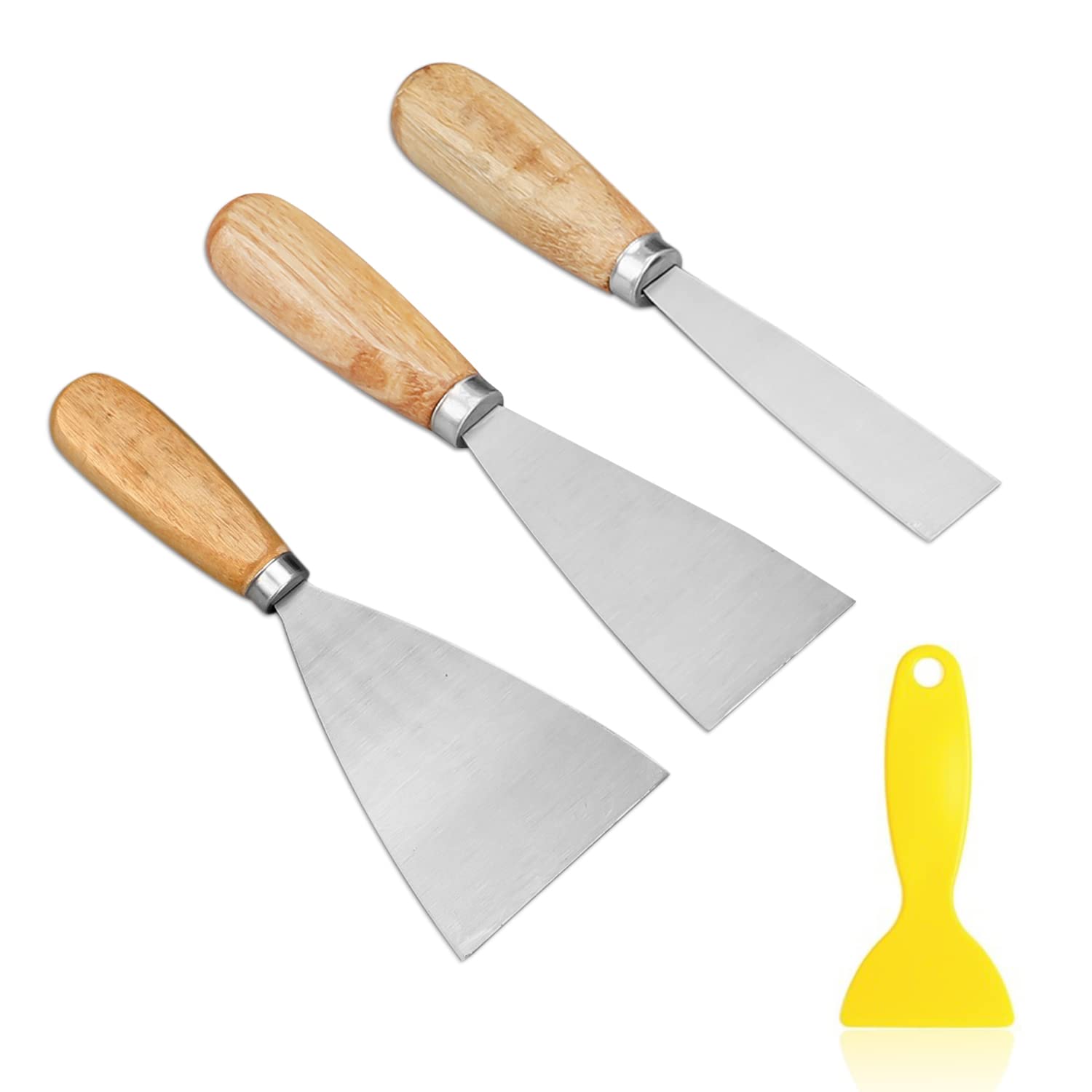 3 Putty Filling Scraper Tools, 1 Small Yellow Scraper, Wallpaper Scraper with Solid Wood Handle (1, 2, 3 inches), Flexible Plastic applicator, for Filling, DIY Decorating, Removing air Bubbles
