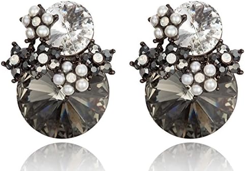 Blooming Flower with Black Diamond Color Rhinestone Post Earrings [Swarovski Element Crystals]