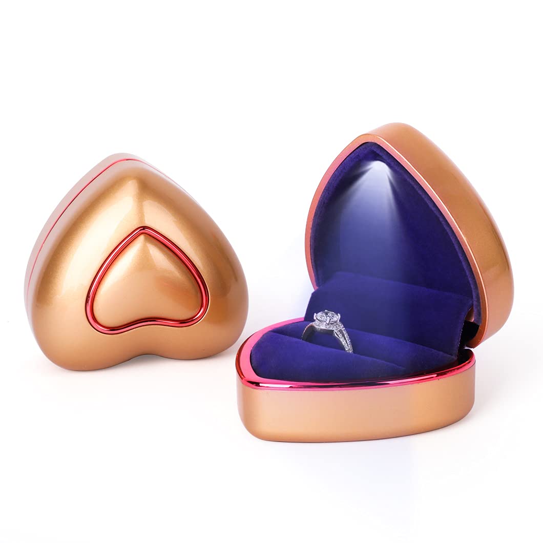 Rolin Roly Gold Heart Ring Box with LED Light Engagement Velvet Gift Rings Box Jewelry Displays Boxes Heart Shaped Ring Box for Proposal Weddings Birthday Anniversary