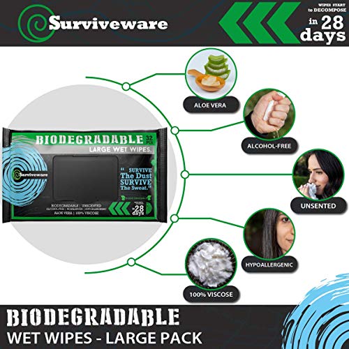 SURVIVEWARE Biodegradable Wet Wipes, Face and Body Wipes for Post Workout and Camping, Wipes for Adults, Large Wipes, 32… - Image 2