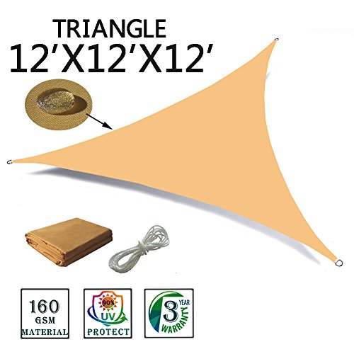 SUNNY GUARD 12′ x 12′ x 12′ Sand Triangle Waterproof Sun Shade Sail UV Block f ...