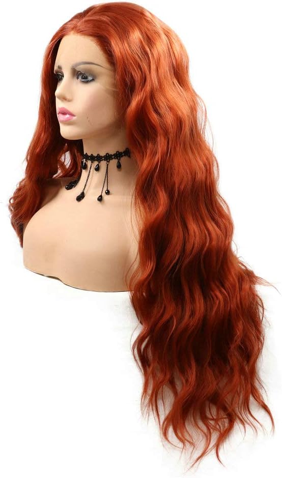 RainaHair 24inch Copper Red Long Water Wave Cosplay Women Wigs Orange Synthetic Lace Front Wigs Natural Looking Heat Resistant Fiber Hair for Ladies Party