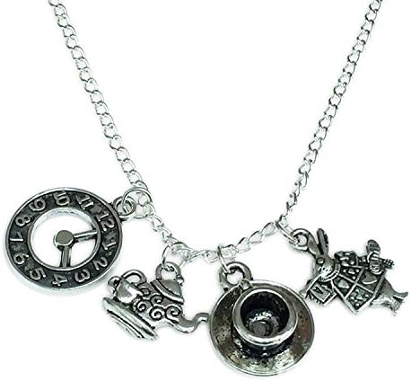 Graceful Goods Alice Necklace. Silver Tone Necklace with Clock, Teacup, Teapot and Rabbit Charms
