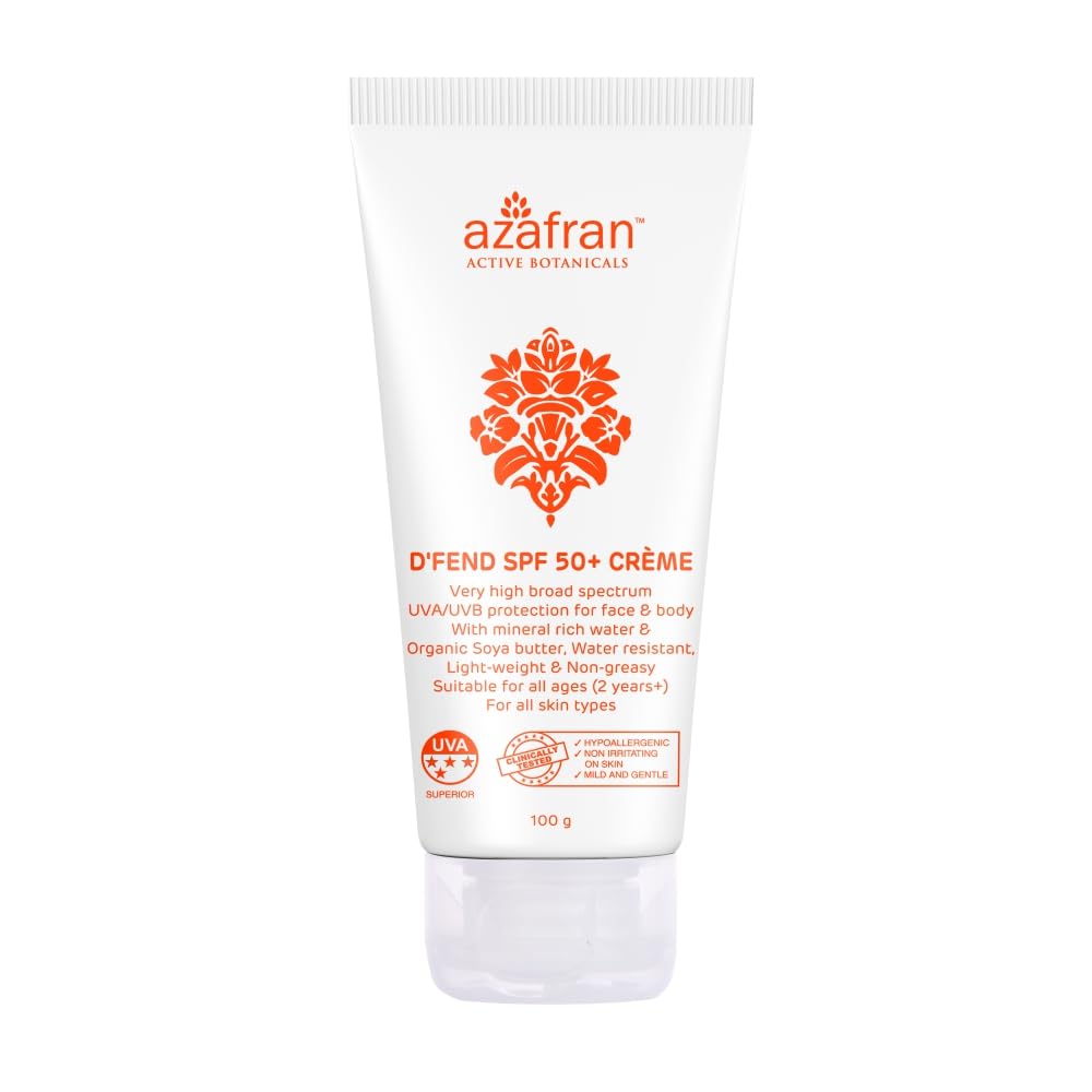 Azafran Organics D'fend SPF 50+Creme Moisturising Lotion for All Types of Skin Water Resistant - 100 GM