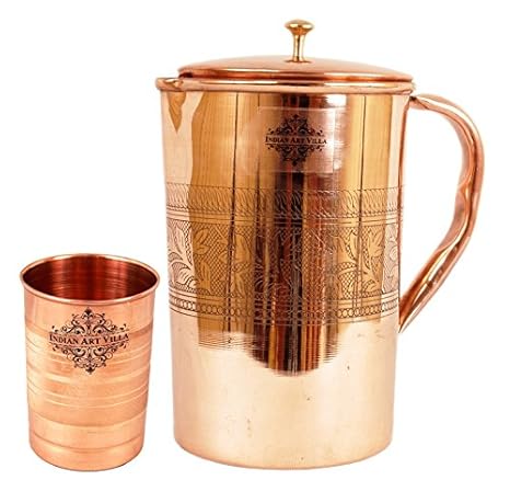 Indian Art Villa Embossed Drinkware Design Copper Jug Pitcher with Glass Tumbler Cup -Set of 2 Pieces
