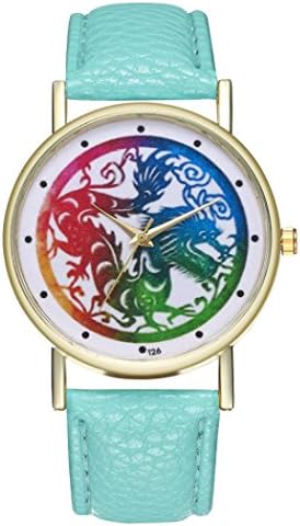 Yeefant Colorful Dragon Pattern Trendy Student Lady Leather Band Analog Quartz Round Wrist Women's Fine Vintage Fashion Trend Belt Watch,Mint Green