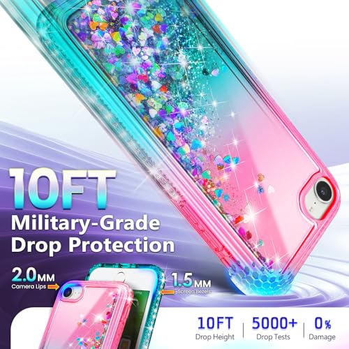 NGB Designed for iPhone SE (3rd 2022 & 2nd Gen 2020)/iPhone 8/7/6/6S Case, Pink/Aqua | Glitter Liquid Cute Cover for Women Girls Kids | with Tempered Glass Screen Protector & Ring Holder-Wrist Strap