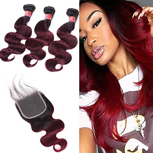 1B/99J Ombre Color 10A Brazilian 1B/Burgundy Unprocessed Virgin Human Hair 3 Bundles With Lace Closure Body Wave Human Hair Weft With Closure Red Wine Ombre Hair Extensions (16 18 20+14, Ombre 1B/99J)