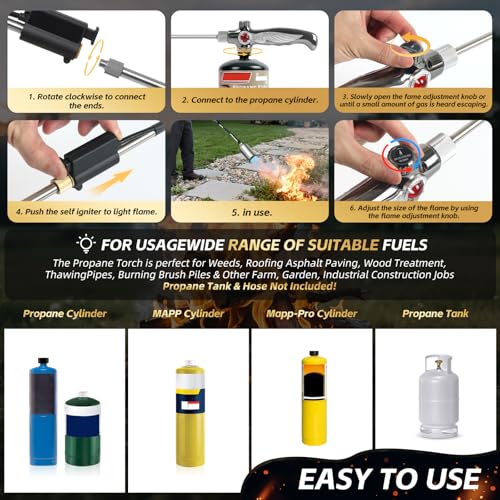 RUBDARK Propane Torch Weed Burner, High Output Weed Torch Flamethrower, 37" Heavy Duty Detachable Blow Torch for Garden,Wood,Stumps,Melting Ice,Snow Removal,Roofing,Camping,Outdoor (Tank Not Included)