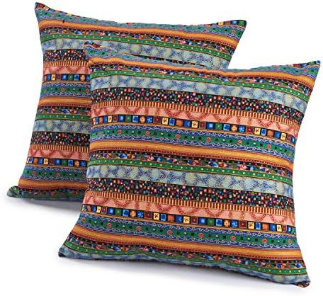 Ammybeddings Cotton Linen Pillow Cases Ethnic Style Stripe Pattern Square Easy Care Durable Cushion Covers Throw Pillow Case Set of 2 Pcs 45 x 45 cm (Blue)