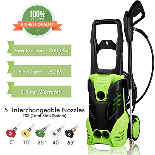 3000 PSI Pressure Washer, Power Washer, Electric Pressure Washer, High Pressure Washer Cleaner Machine with 5 Nozzles,1800W Rolling Wheels,for Cleaning Cars, Houses Driveways, Patios,and More