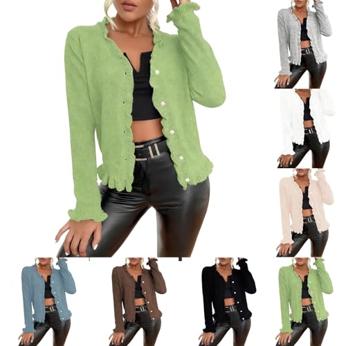Women's Cardigans Ruffle Collar Fashion Knitted Open Front Jumpers with Button Long Sleeve Tops Women Loose Ladies Knitwear Sweaters Soft Warm Short Cozy Cardigans Solid Womens Coats Fall Outwear