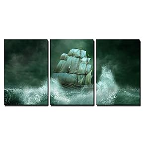 3 Piece Canvas Wall Art - Ghost Ship in The Sea - Modern Home Art Stretched and Framed Ready to Hang - 16"x24"x3 Panels