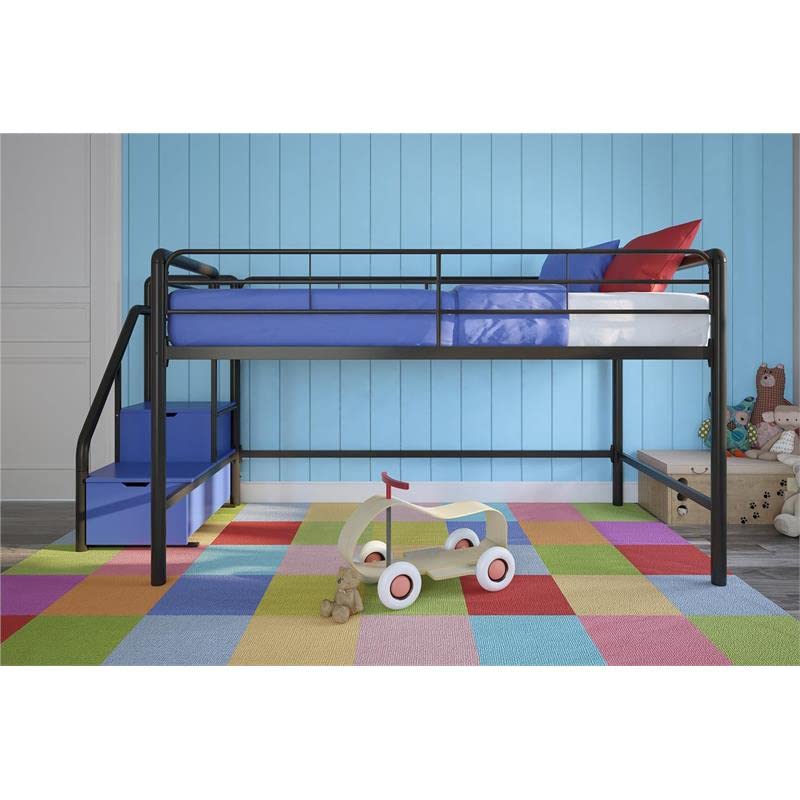 DHP Junior Twin Metal Loft Bed With Storage Steps, Multifunctional