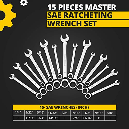 (15 SAE Pieces + Tool Roll) Ratcheting Wrench Set - Unbreakable - Lifetime Warrenty - Thumbnail 2