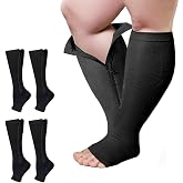 Cheeroyal 2 Packs Plus Size Compression Socks with Zipper, Knee High 15-20mmHg Socks for Women Men Open Toe Support Socks