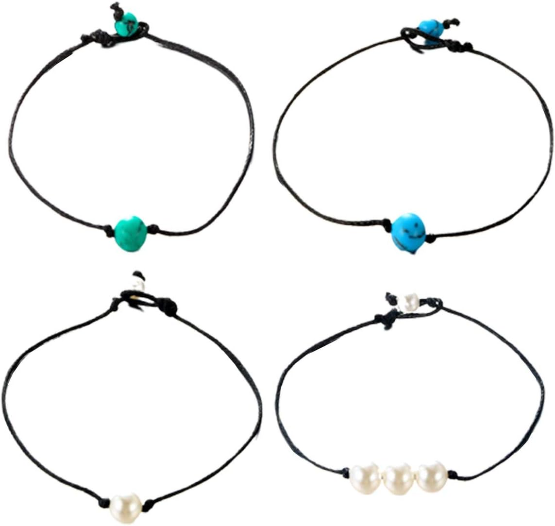 Gugutogo European And American Fashion Bohemian Woven Leather Rope Pearl Blue Turquoise 4 Piece Set Anklet Female
