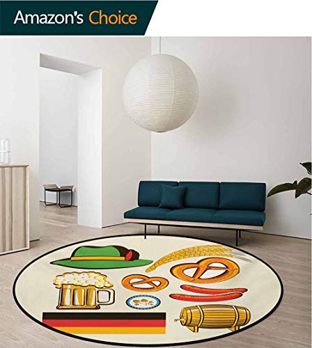 German Modern Machine Washable Round Bath Mat,Oktoberfest Symbols Wheat Sausage Beer and Pretzels Colorful Bavarian Arrangement Non-Slip Living Room Soft Floor Mat,Round-71 Inch