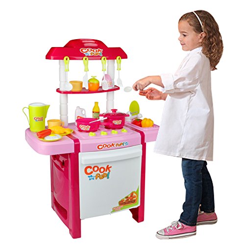 Kitchen Playset Toys Appliances Pretend Role Play Chef Food Toy with Sink Faucet Table Utensils Knife 27 Accessories for Kids Boys Girls,Large Tall,Pink
