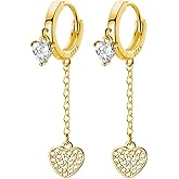 SLUYNZ Sterling Silver CZ Love Heart Hoop Earrings for Women Teens Heart Hoop Earrings Dangle Chain Love Dangle Earrings for Valentines Day