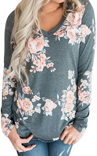 Xjp Women Casaul Floral Printed V Neck Curved Hem Long Sleeve T Shirt Tops