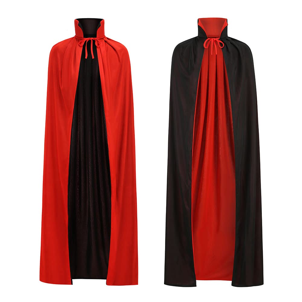 HAPNBCELE Reversible Cape Adults, Medieval Vampire Devil Magician Wizard Cloak Costume Halloween Christmas Masquerade Party (Red-Black, 120cm/47.24")