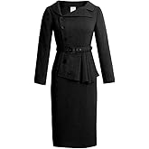CHIC STAR Womens Formal Dress, Asymmetric Button Closure, Belted Waist, Long Sleeves, Tweed Fabric