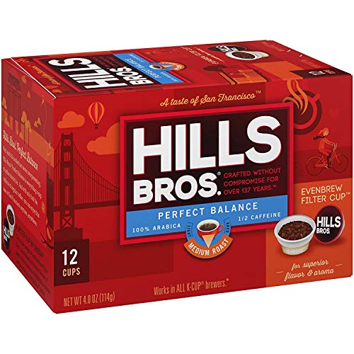 HILLS BROS SINGLE SERVE COFFEE PODS, PERFECT BALANCE, MEDIUM ROAST COFFEE, 12 COUNT-KEURIG COMPATIBLE, ROASTED ARABICA COFFEE BEANS, LESS CAFFEINE, FULL-BODY FLAVOR