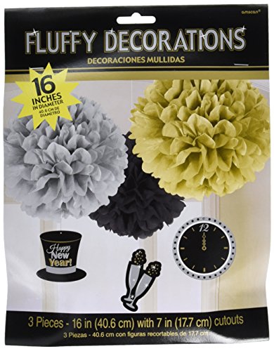 Amscan Rocking New Year Party Fluffy Lantern with Danglers Hanging Decoration, Black/Gold/Silver, Paper , Pack of 3 Party Supplies